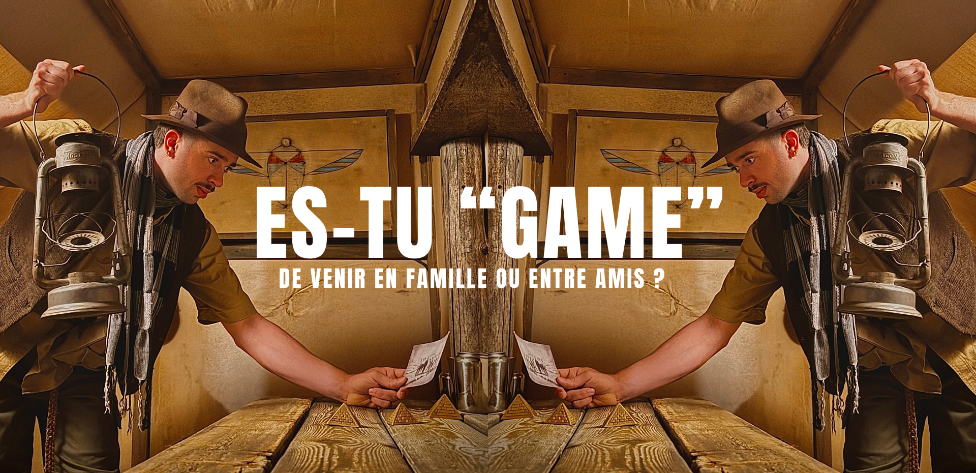 archéologue examinant des photos indices dans une tente au coeur du désert, extrait de la salle d'évasion le secret des dunes